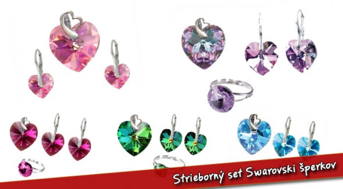 3 dielna strieborná Swarovski sada šperkov: náušnice, prívesok a prsteň. 9 rôznych farieb.