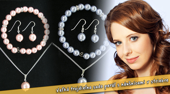 3 dielna elegantná perlová sada šperkov: náušnice, prívesok a náramok.