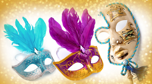 Benátske karnevalové masky s držadlom alebo s perím