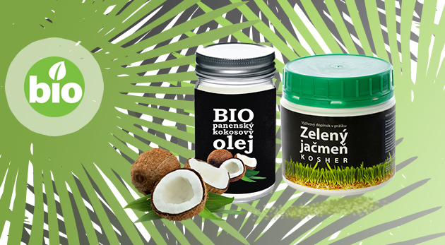 Bio kokosový olej Extra Virgin a kosher zelený jačmeň - 100 % extrakt šťavy z mladých lístkov s certifikátmi kvality