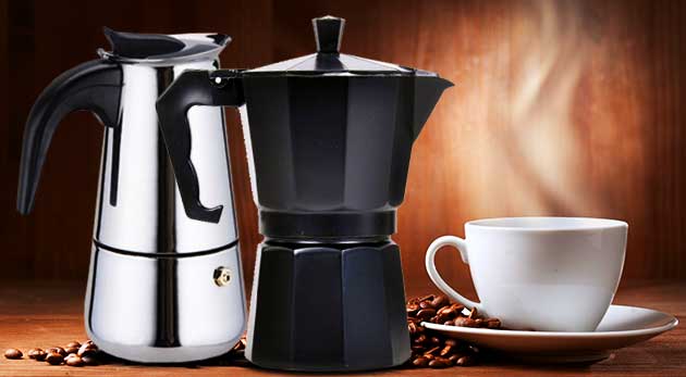 Elegantný kávovar z nehrdzavejúcej ocele alebo z hliníka