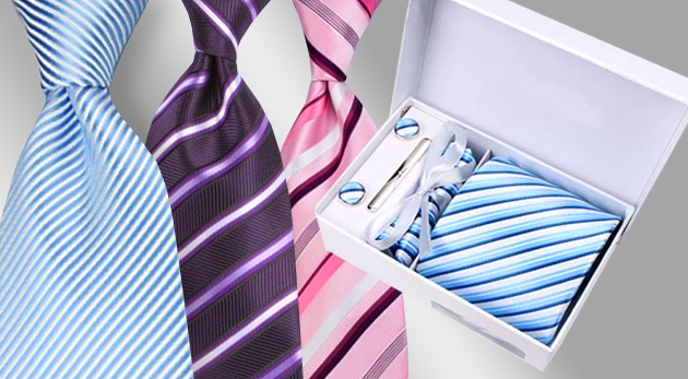Pánsky darčekový set Kravata - kravata, manžetové gombíky so vzorom ako kravata, vreckovka s rovnakým vzorom, spona na kravatu, darčeková krabička, darčeková taštička za 12,90€