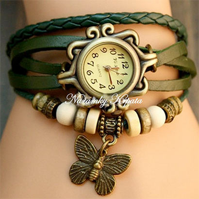 Retro hodinky s motýlikom, farba zelená