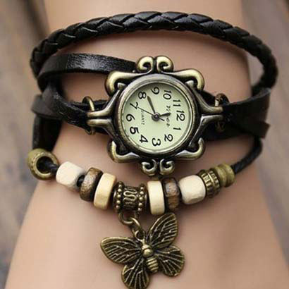 Retro hodinky s motýlikom, farba čierna