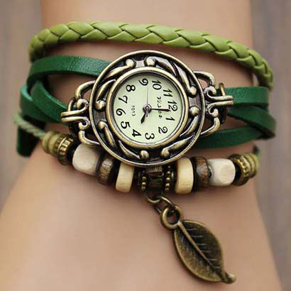 Retro hodinky s listom, farba zelená