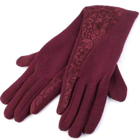 Dámske rukavice s krajkou - farba granátová - veľkosť M
