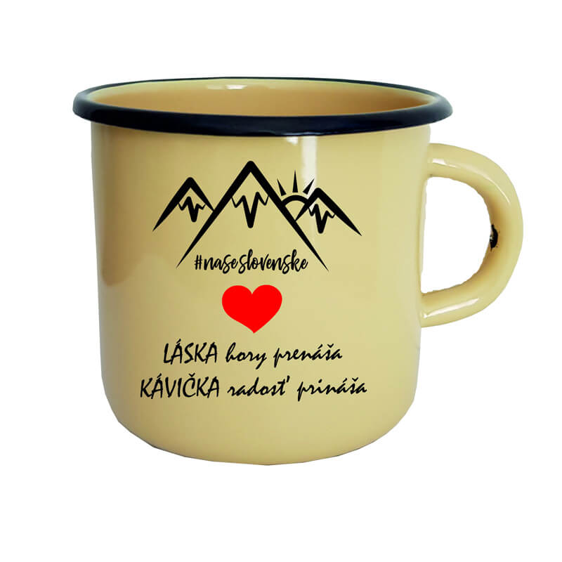 Smaltovaný hrnček Láska hory prenáša, kávička radosť prináša (300 ml) - krémový