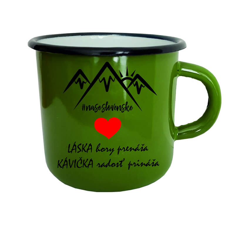 Smaltovaný hrnček Láska hory prenáša, kávička radosť prináša (300 ml) - zelený