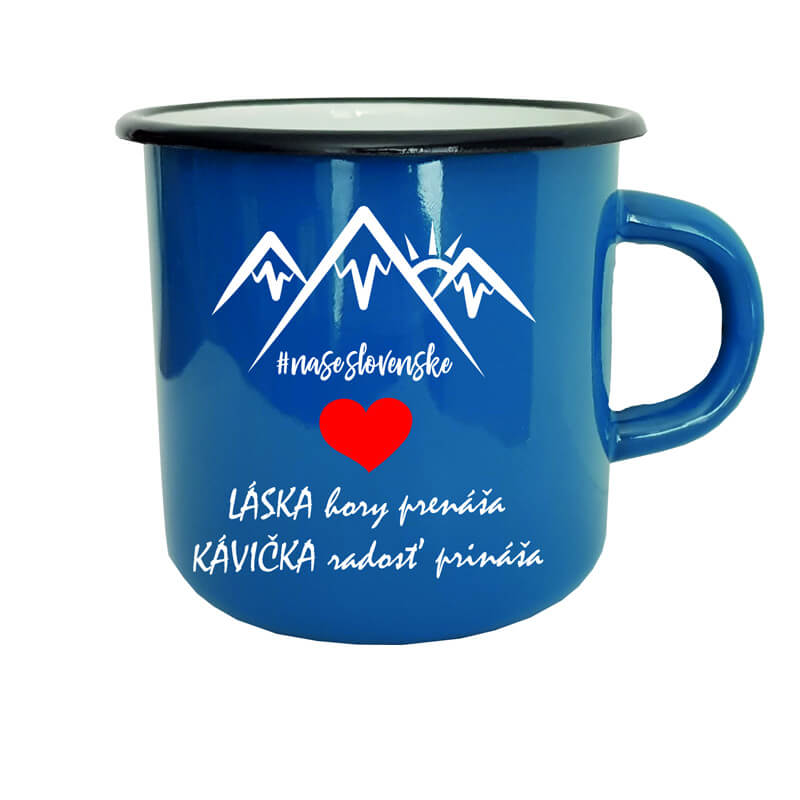 Smaltovaný hrnček Láska hory prenáša, kávička radosť prináša (300 ml) - modrý