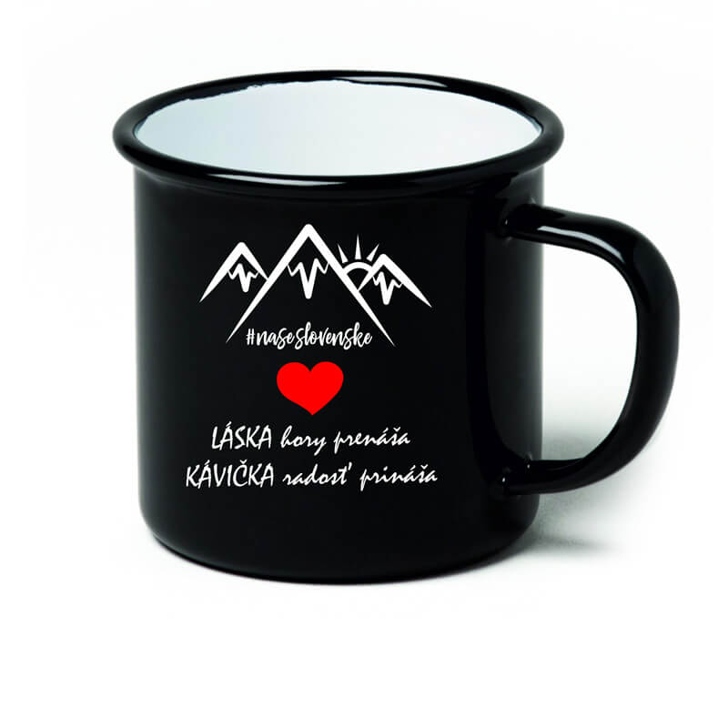 Smaltovaný hrnček Láska hory prenáša, kávička radosť prináša (300 ml) - čierny