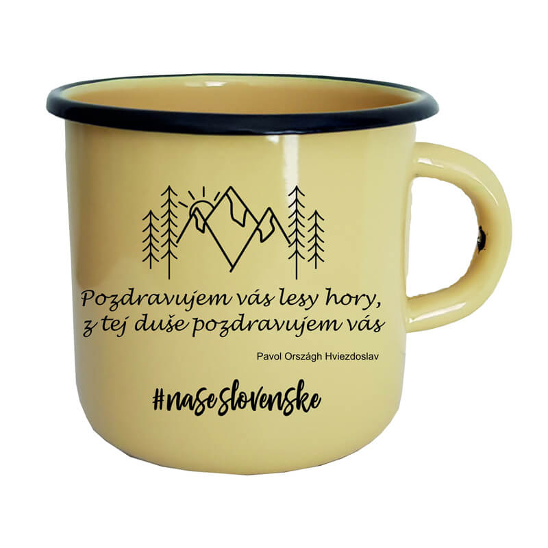 Smaltovaný hrnček Pozdravujem vás lesy hory (300 ml) - krémový