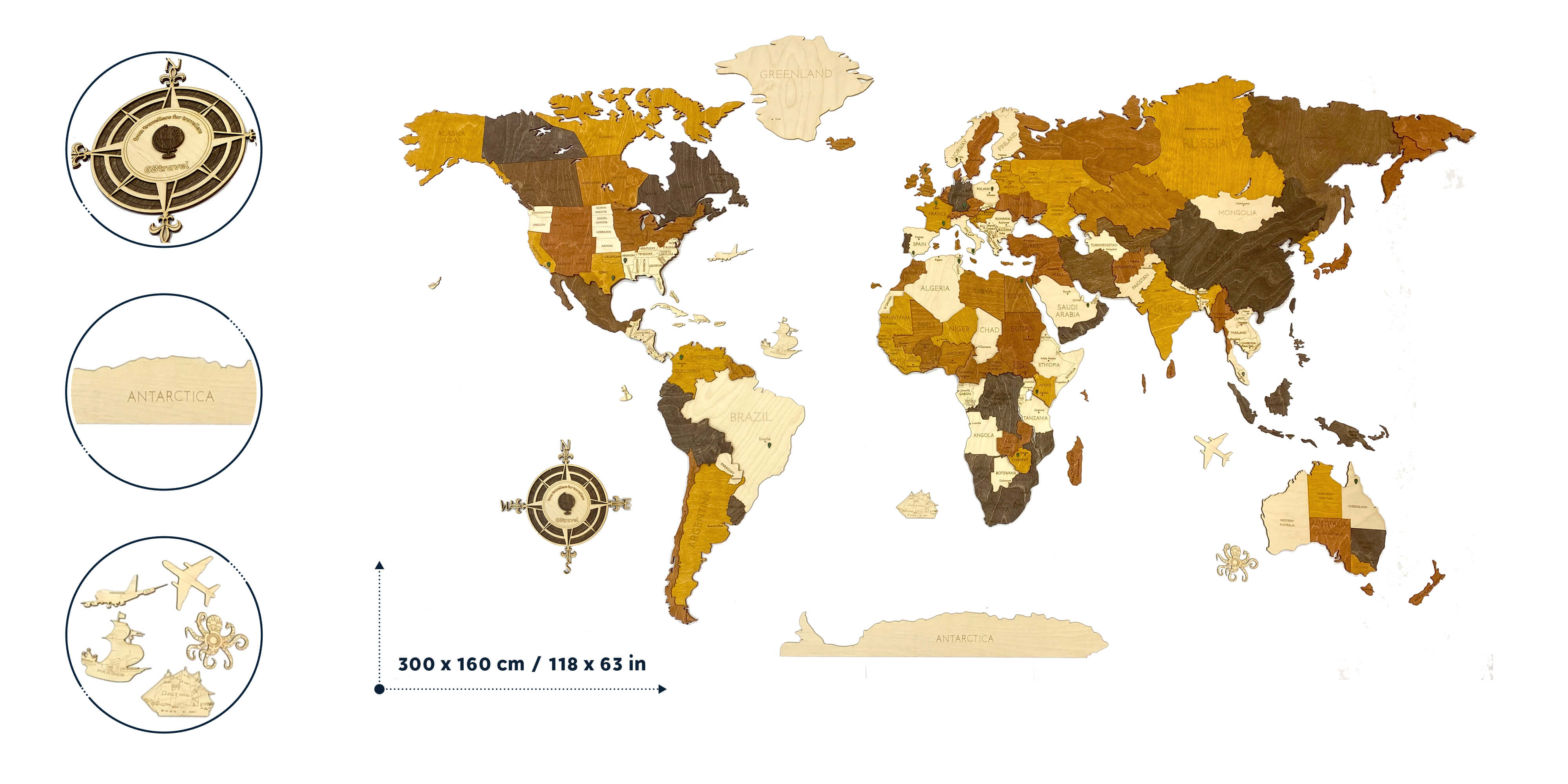 Drevená mapa sveta MEGA Antarctica (rozmer 300 x 160 cm)