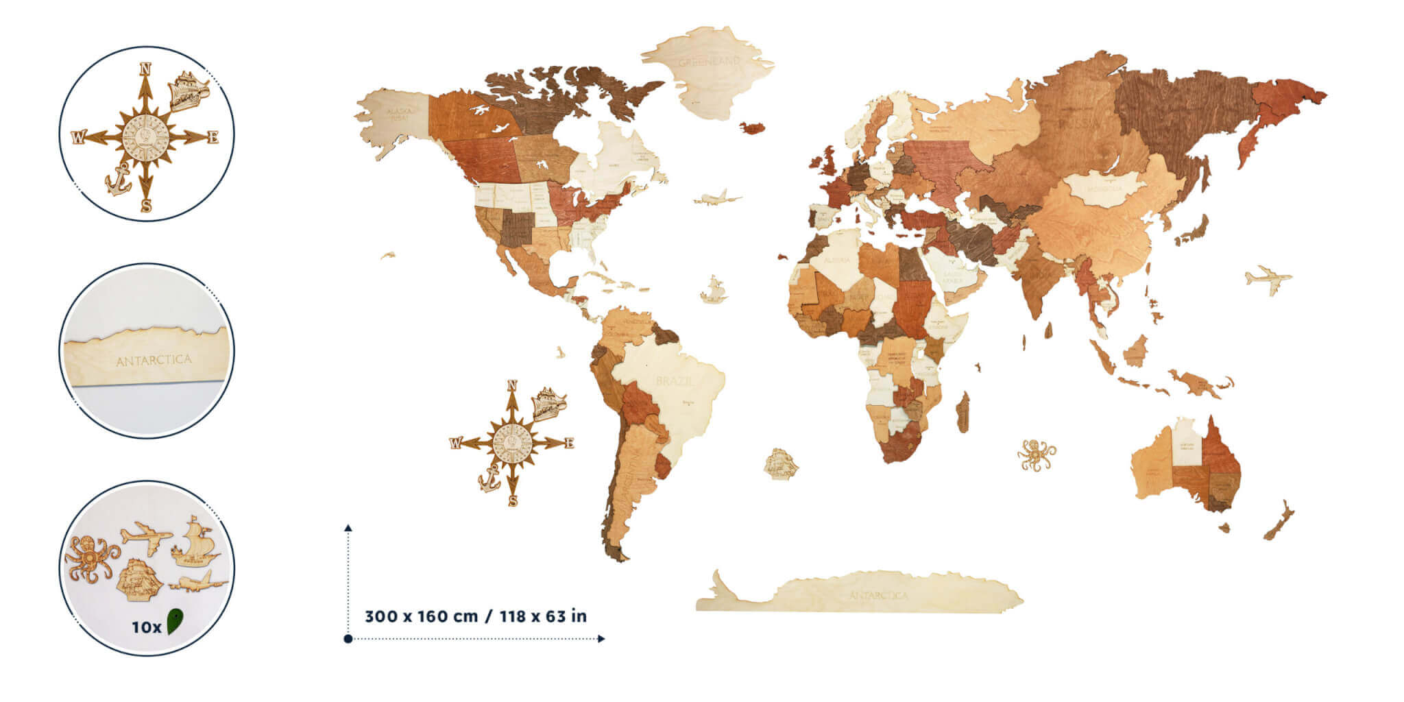 Drevená mapa sveta MEGA Antarctica (rozmer 300 x 160 cm)