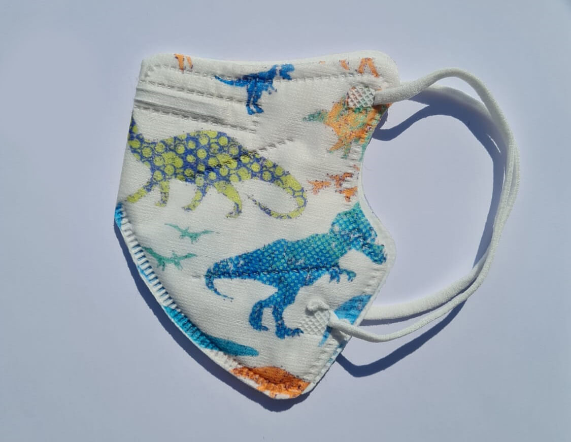 Detský respirátor FFP2 - biely s dinosaurami - 10 kusov