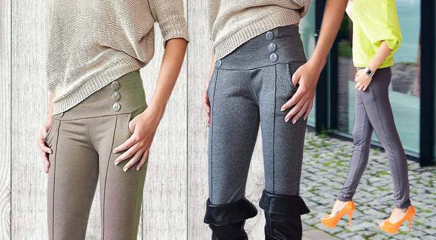 Štýlové nohavice pre dámy - originálny strih zvýšeného sedu s gombíkmi a výšivkou puku na prednej strane