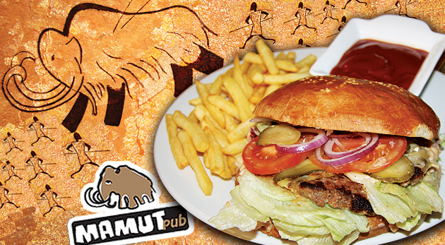 Jeden Mamut burger (žemla vlastnej výroby 250g, hovädzie mäso 130g, čerstvá zelenina, dressing alebo kečup, hranolky) za 3,90€