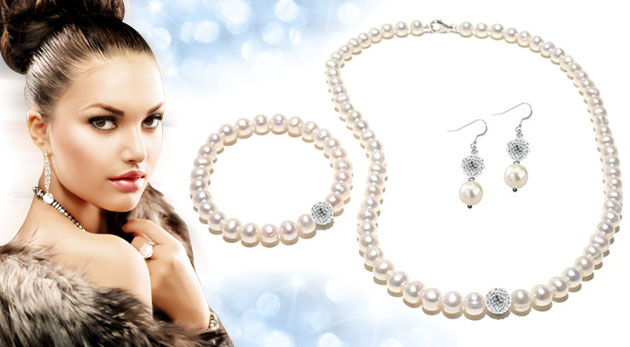 Set z pravých sladkovodných perál so Swarovski Elements guličkou - náhrdelník, náramok a náušnice v bielej farbe