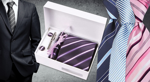 Pánsky darčekový set Kravata - kravata, manžetové gombíky so vzorom ako kravata, vreckovka s rovnakým vzorom, spona na kravatu, darčeková krabička, darčeková taštička za 12,90€