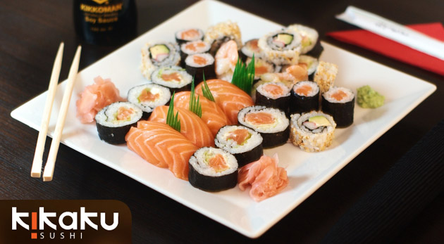 Sushi set - Menu B 29 ks (6 ks maki losos, 6 ks maki surimi, šalát z rias, 6 ks maki chobotnica, 5 ks maki avokádo, 6 ks maki uhorka, zázvor, wasabi) za 9,90 €