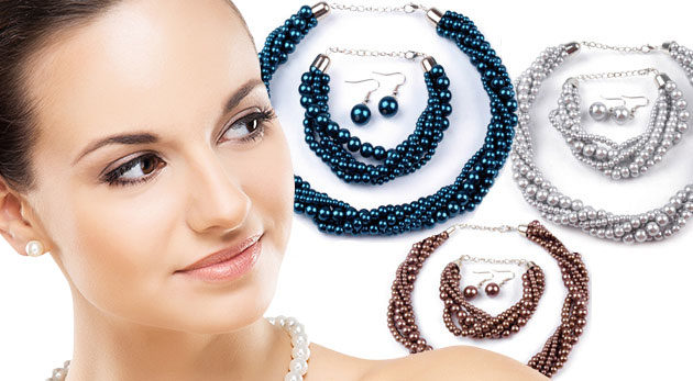 Trendy sada šperkov z voskovaných perál - náhrdelník, náušnice a náramok