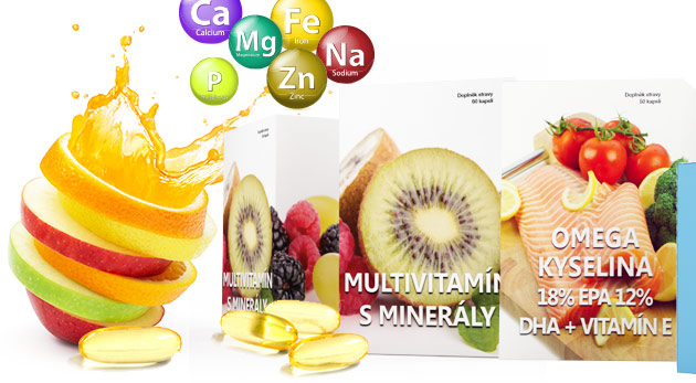 Výživové doplnky - kapsule Omega-3 kyseliny s rybím olejom a vitamínom E alebo tablety Multivitamín s minerálmi