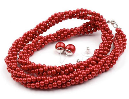 Set voskovaných perál - náhrdelník, náušnice, č. 5, farba: červená